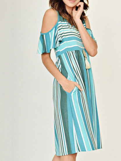 Boho Retro  Solid Stripe Ruffle Layered Sleeve Rayon  Tunic Mini Dress Flounce Sleeve
