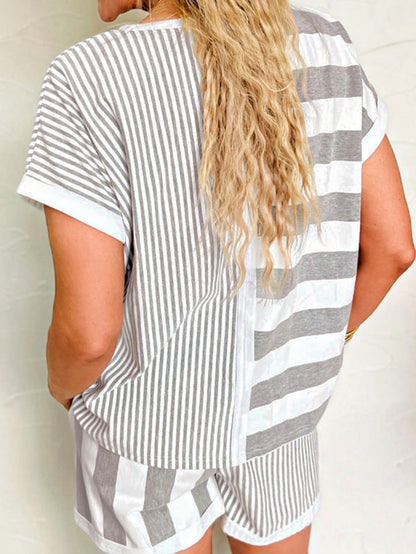 Boho Retro 90's Cotton Stripe Button Drop Shoulder Dolman Henley Top & Pants Shorts Set