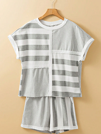 Boho Retro 90's Cotton Stripe Button Drop Shoulder Dolman Henley Top & Pants Shorts Set