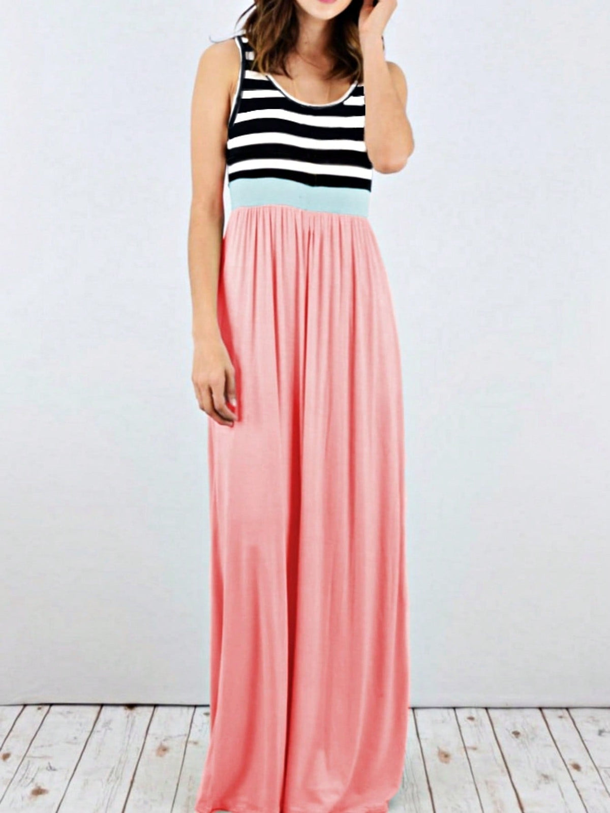 Multi Stripe Orange, Green, And Mint Sleeveless Maxi Dress With Pocket | S-3X