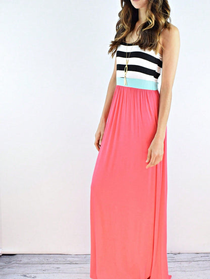 Multi Stripe Orange, Green, And Mint Sleeveless Maxi Dress With Pocket | S-3X