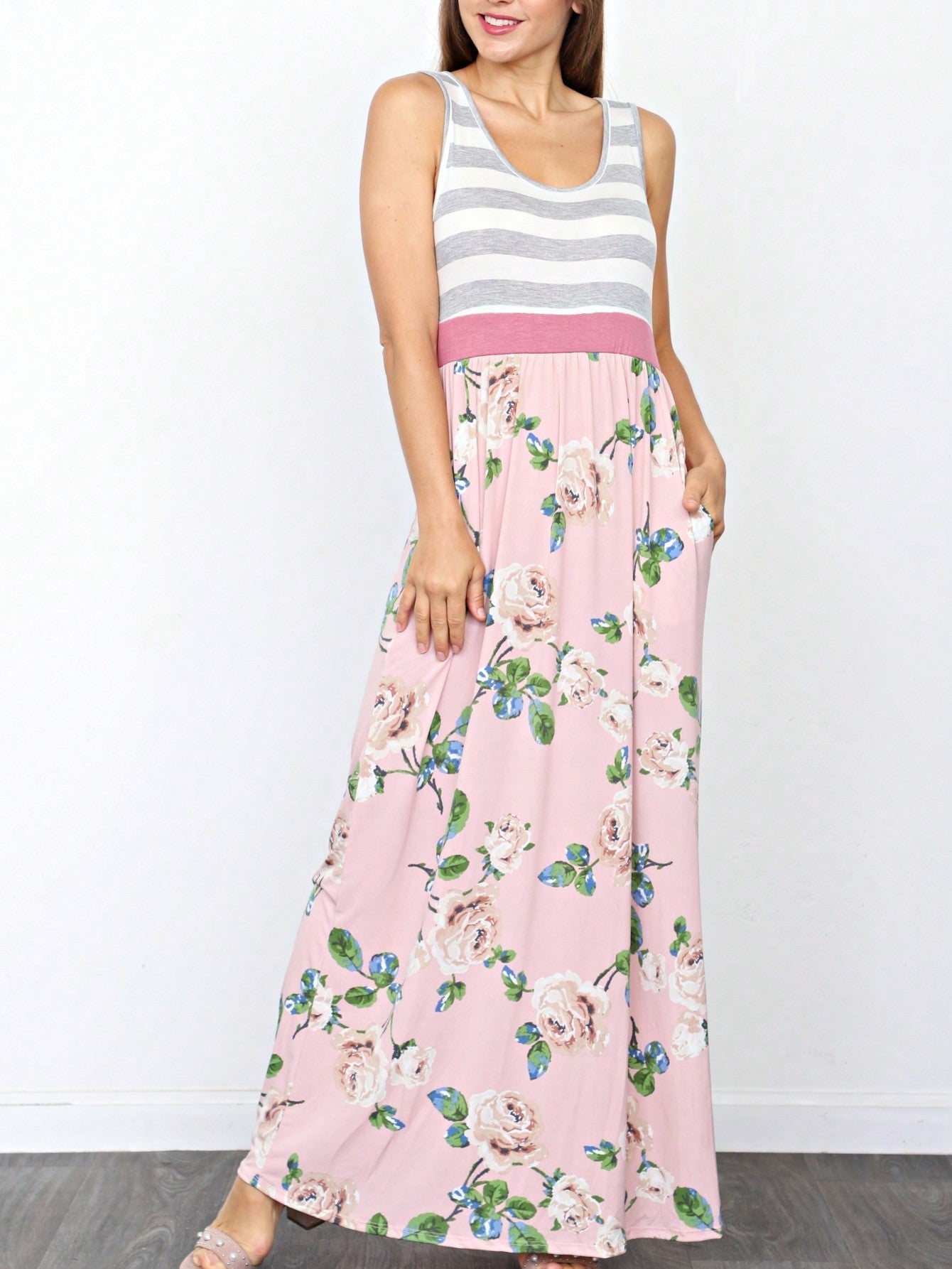 Multi Stripe Orange, Green, And Mint Sleeveless Maxi Dress With Pocket | S-3X