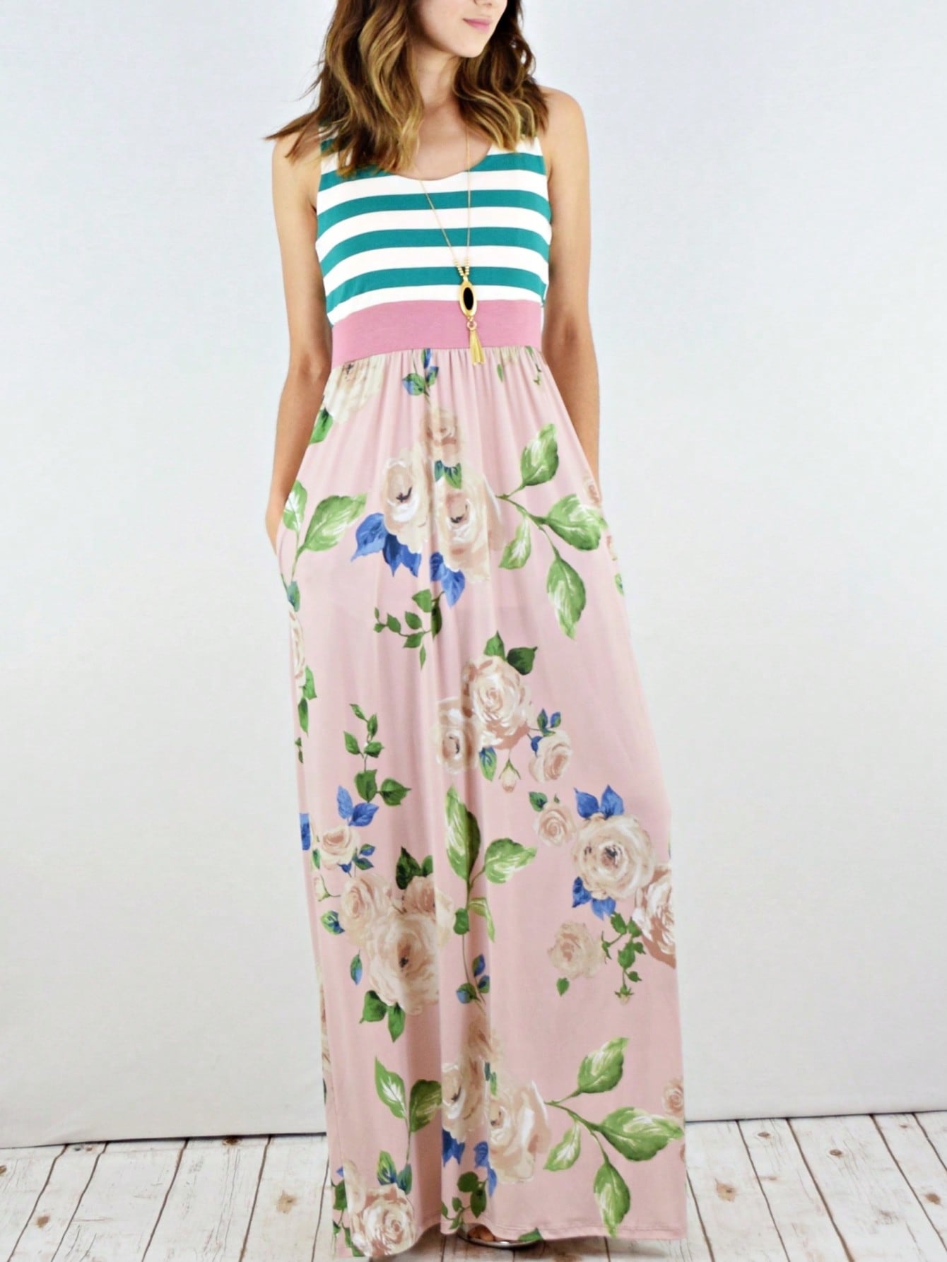 Multi Stripe Orange, Green, And Mint Sleeveless Maxi Dress With Pocket | S-3X