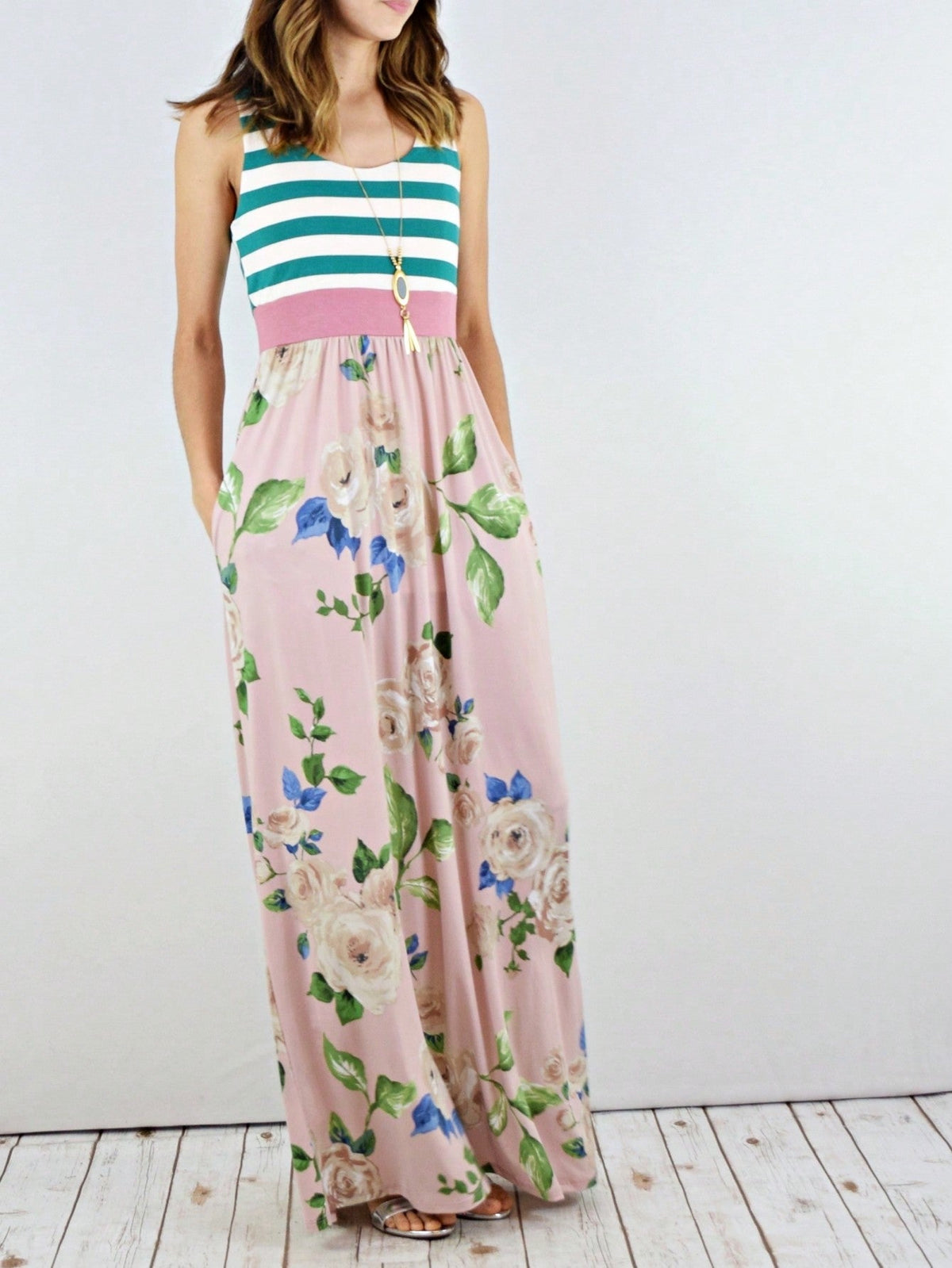 Multi Stripe Orange, Green, And Mint Sleeveless Maxi Dress With Pocket | S-3X