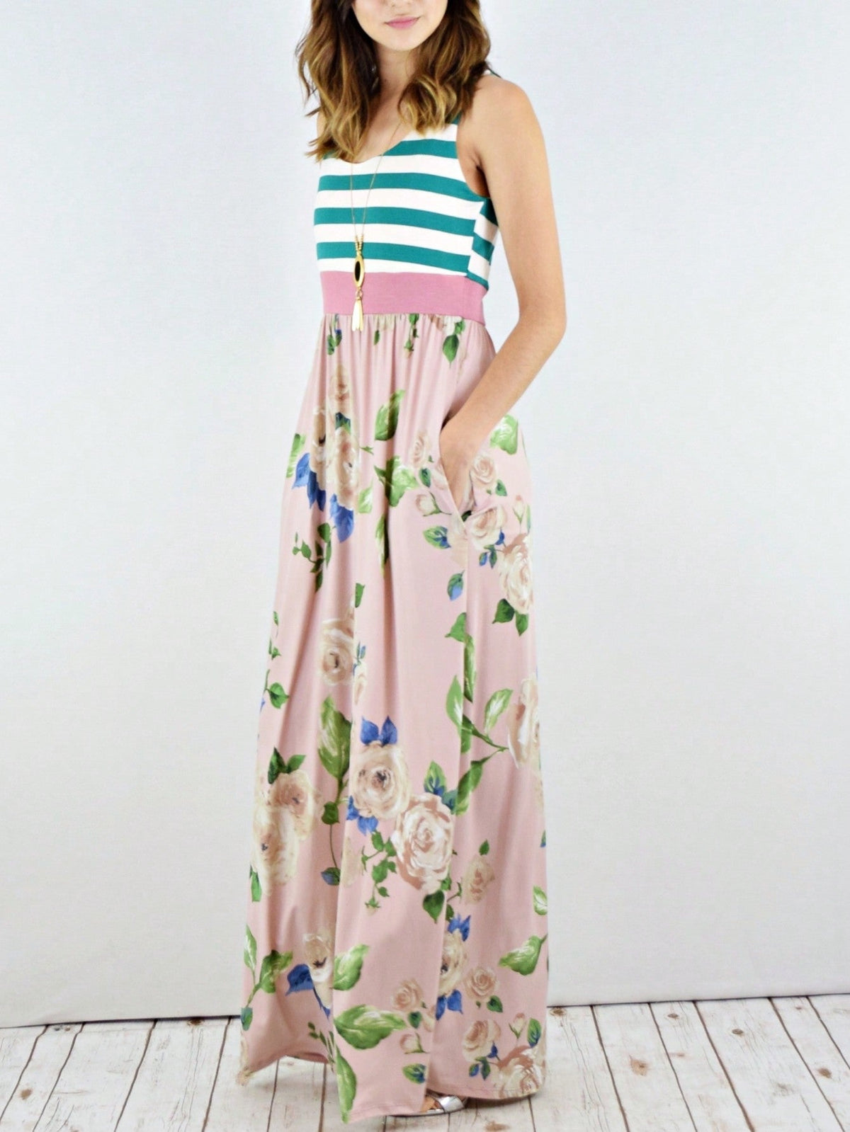 Multi Stripe Orange, Green, And Mint Sleeveless Maxi Dress With Pocket | S-3X