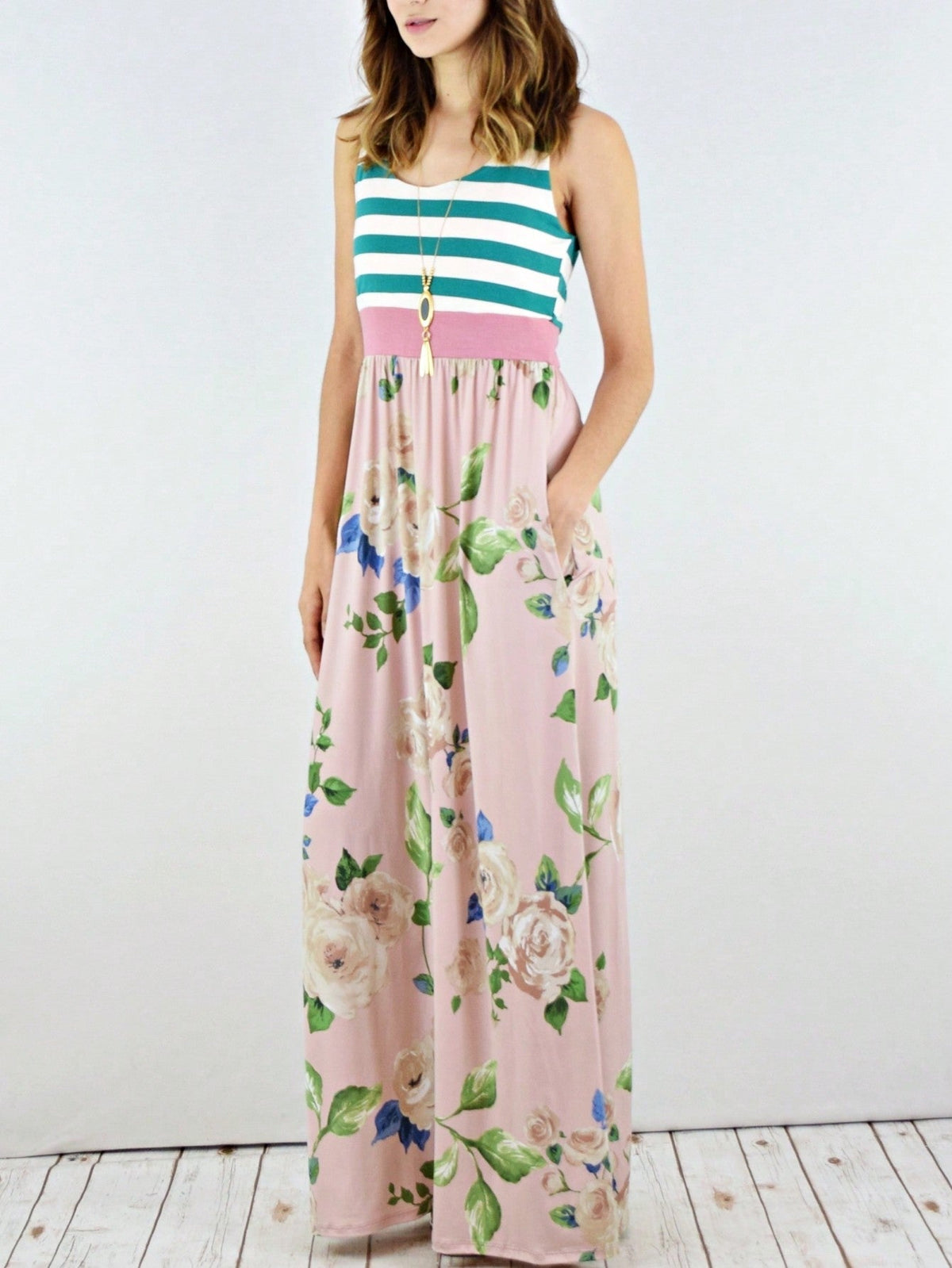 Multi Stripe Orange, Green, And Mint Sleeveless Maxi Dress With Pocket | S-3X