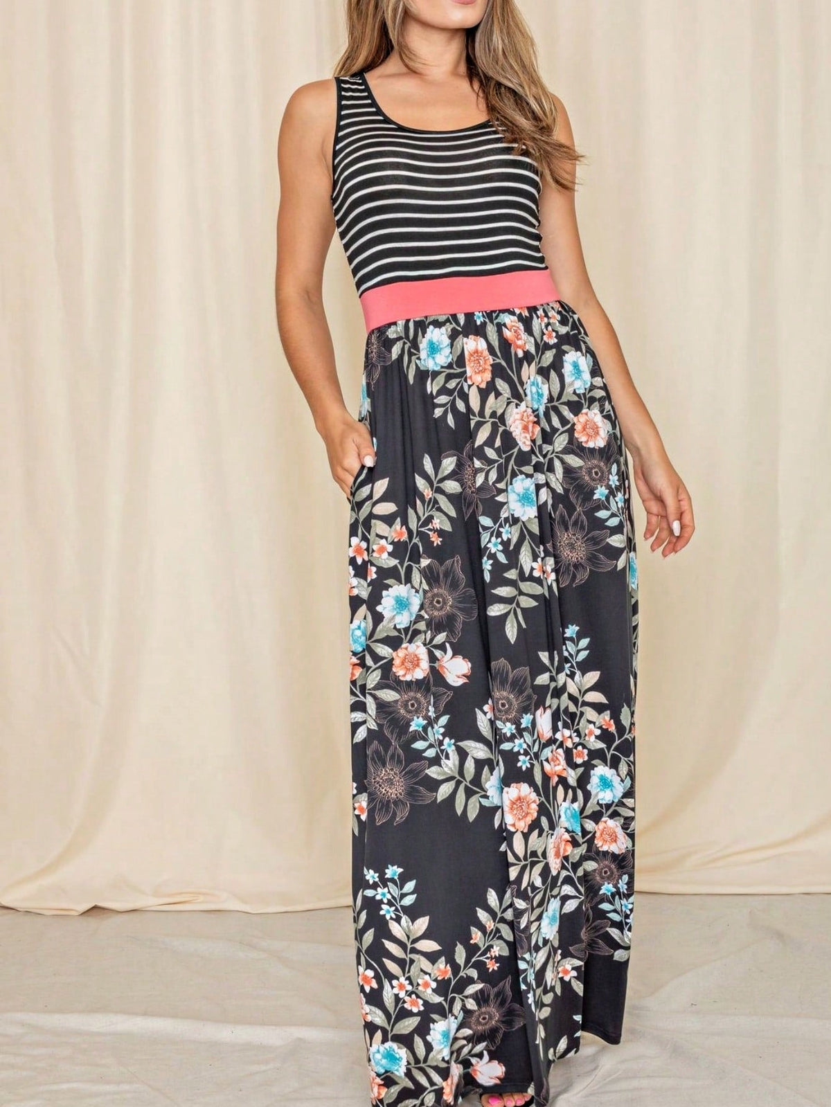 Multi Stripe Orange, Green, And Mint Sleeveless Maxi Dress With Pocket | S-3X