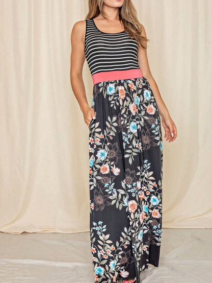 Multi Stripe Orange, Green, And Mint Sleeveless Maxi Dress With Pocket | S-3X