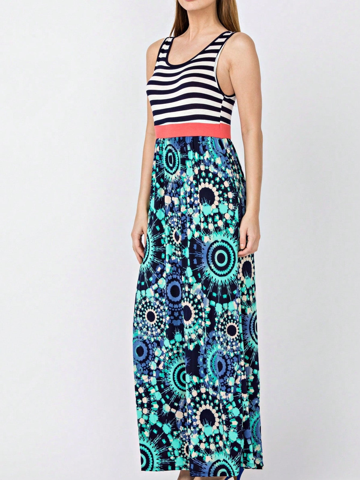 Multi Stripe Orange, Green, And Mint Sleeveless Maxi Dress With Pocket | S-3X