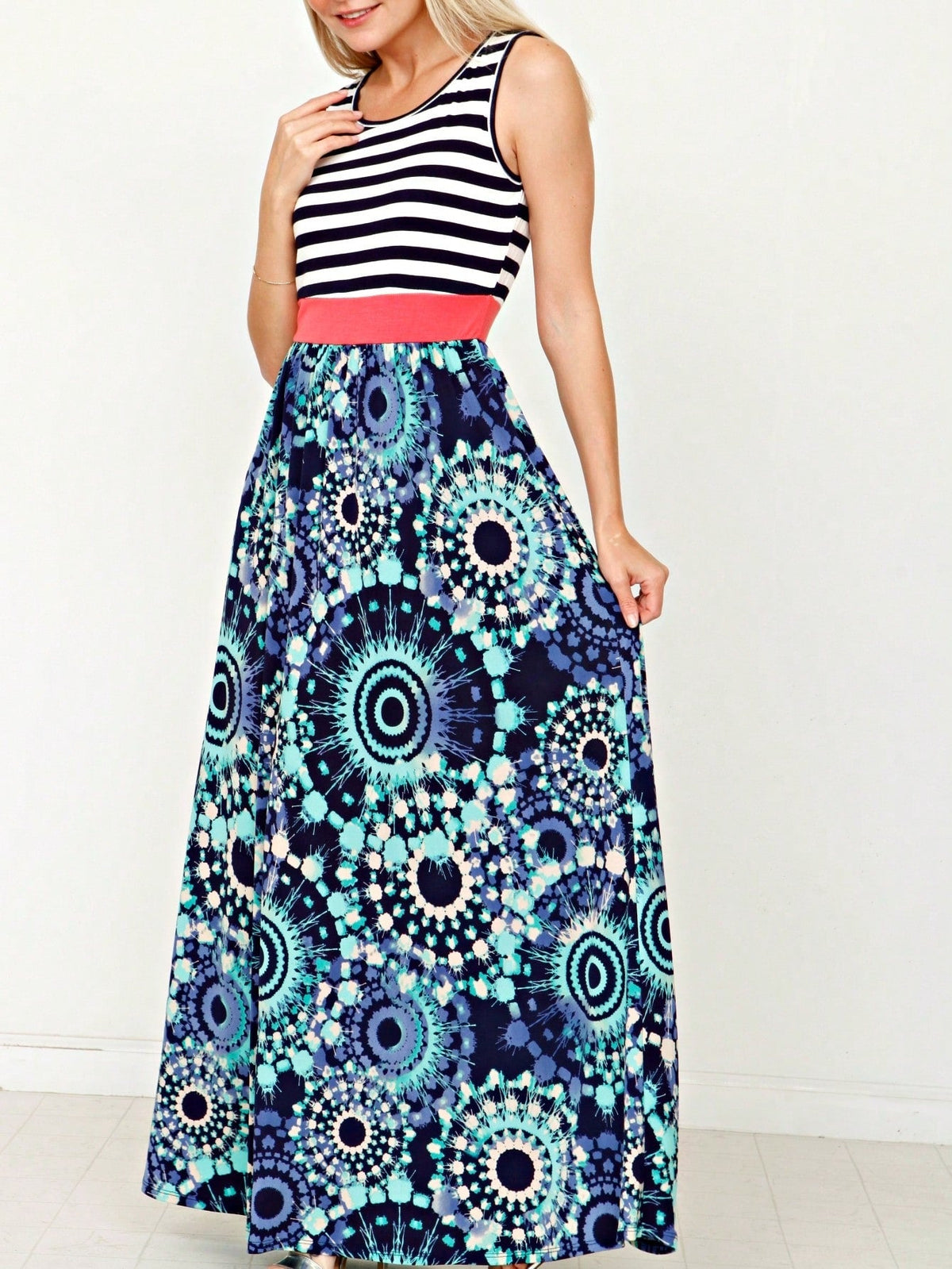 Multi Stripe Orange, Green, And Mint Sleeveless Maxi Dress With Pocket | S-3X