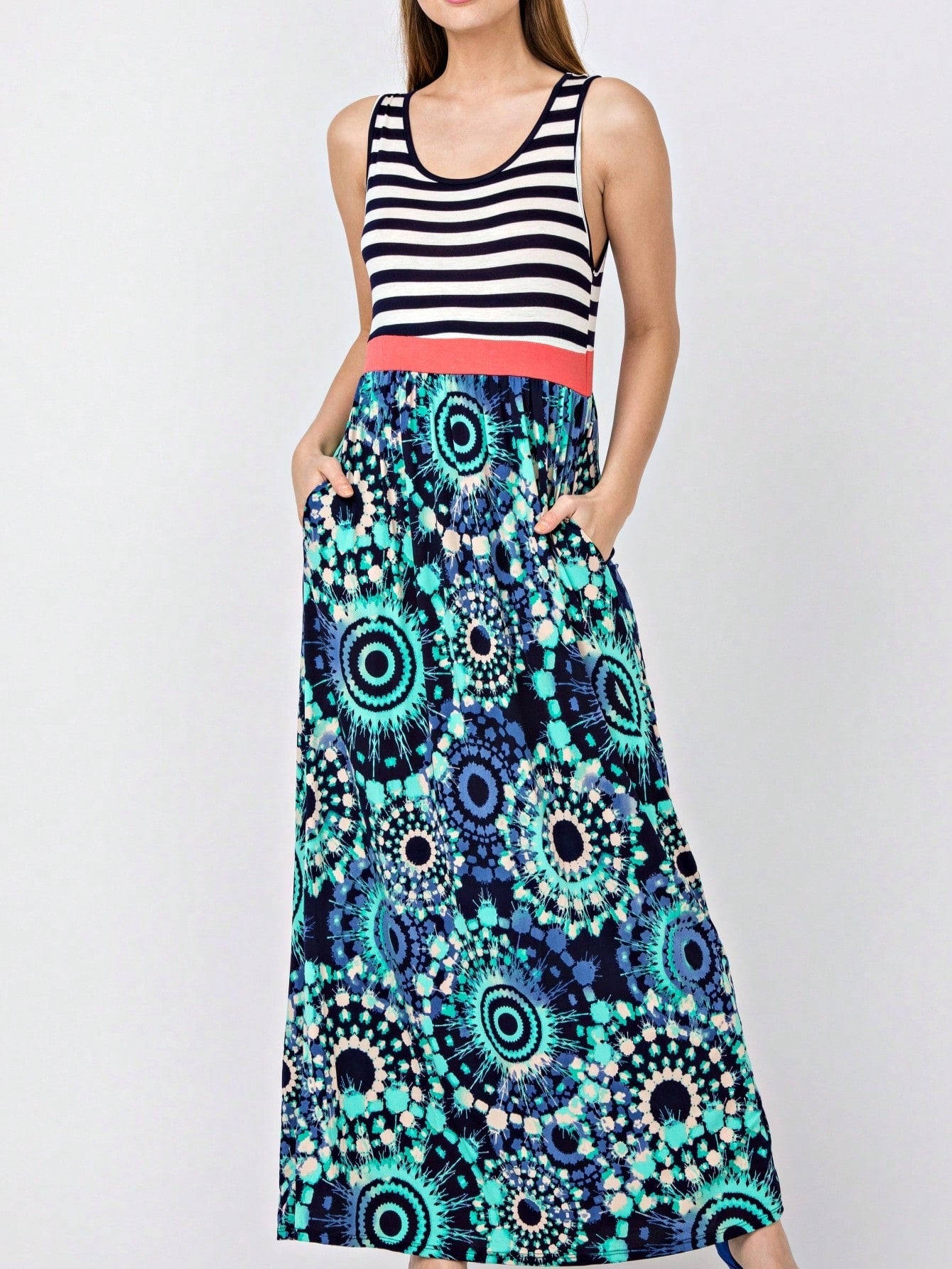 Multi Stripe Orange, Green, And Mint Sleeveless Maxi Dress With Pocket | S-3X