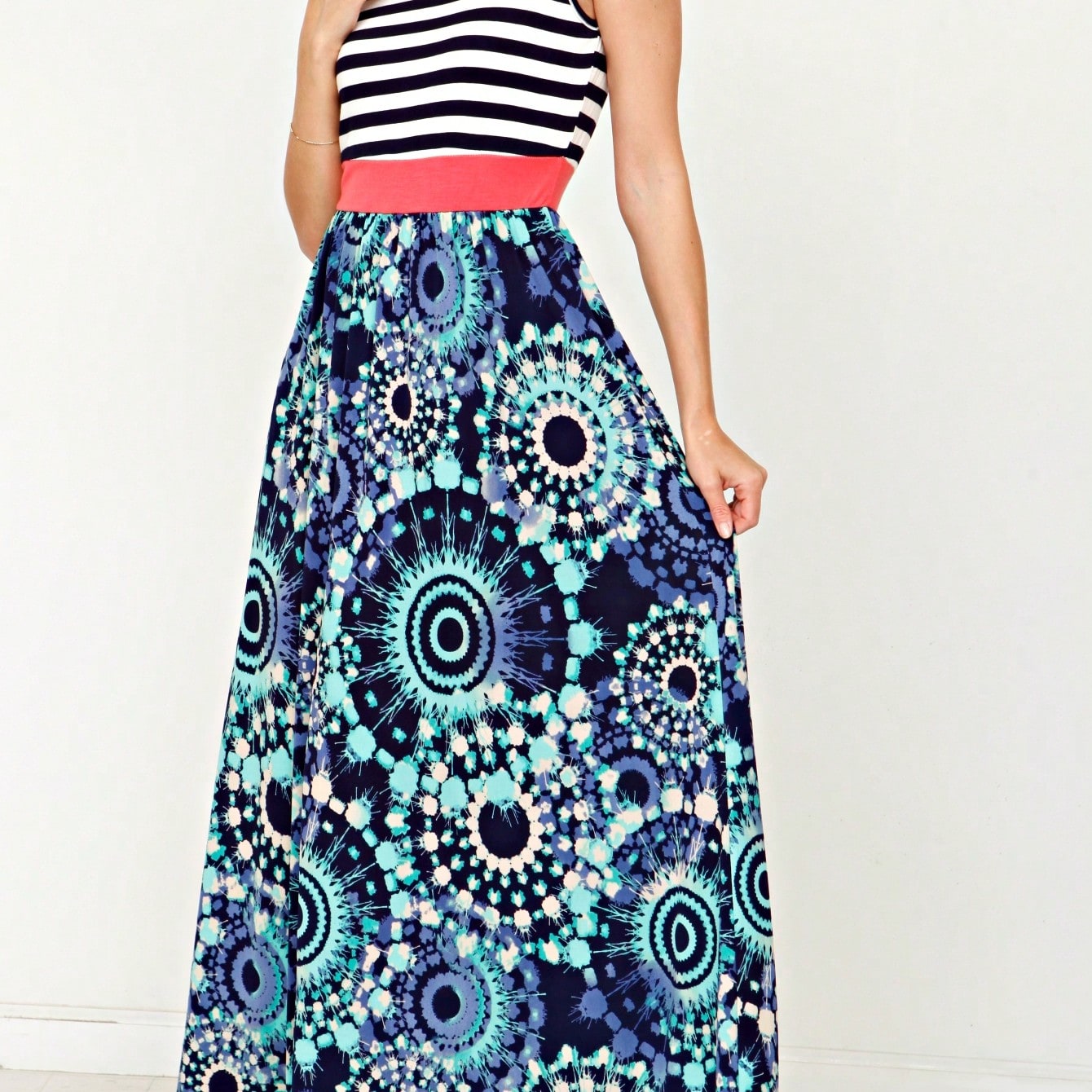 Multi Stripe Orange, Green, And Mint Sleeveless Maxi Dress With Pocket | S-3X