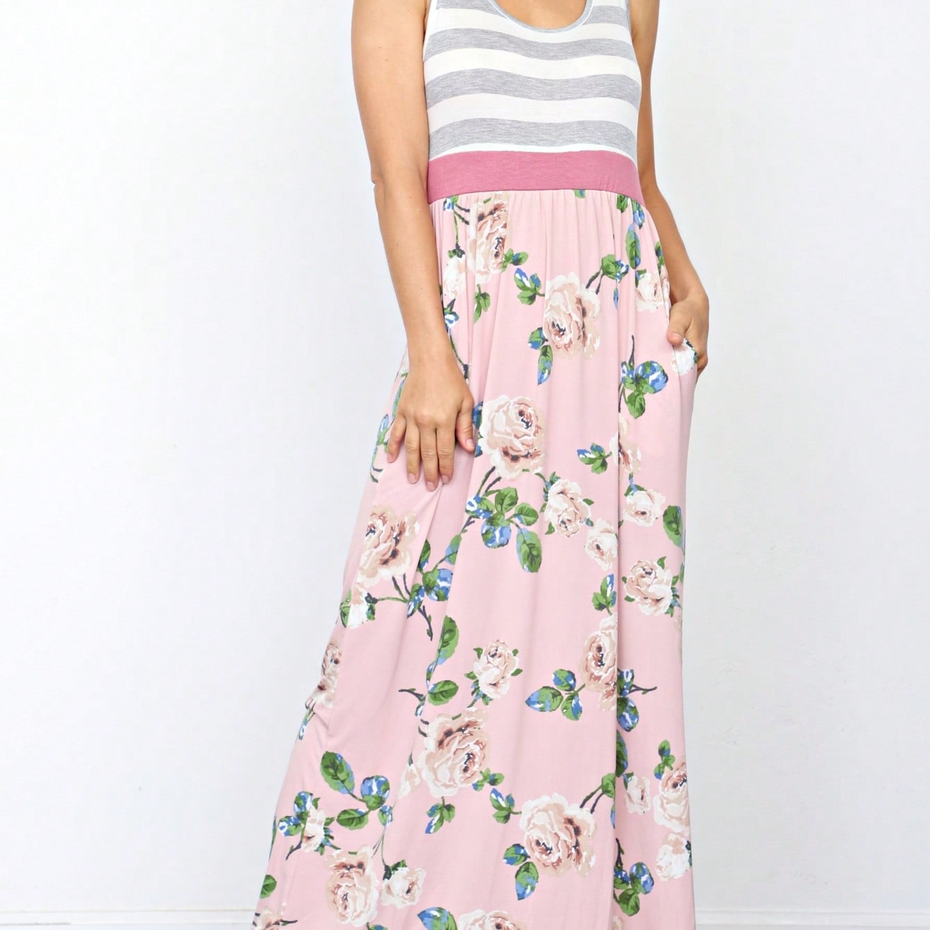 Multi Stripe Orange, Green, And Mint Sleeveless Maxi Dress With Pocket | S-3X