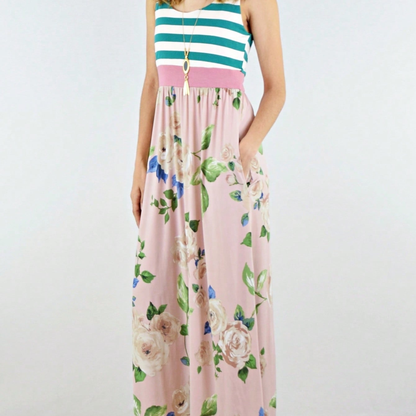 Multi Stripe Orange, Green, And Mint Sleeveless Maxi Dress With Pocket | S-3X
