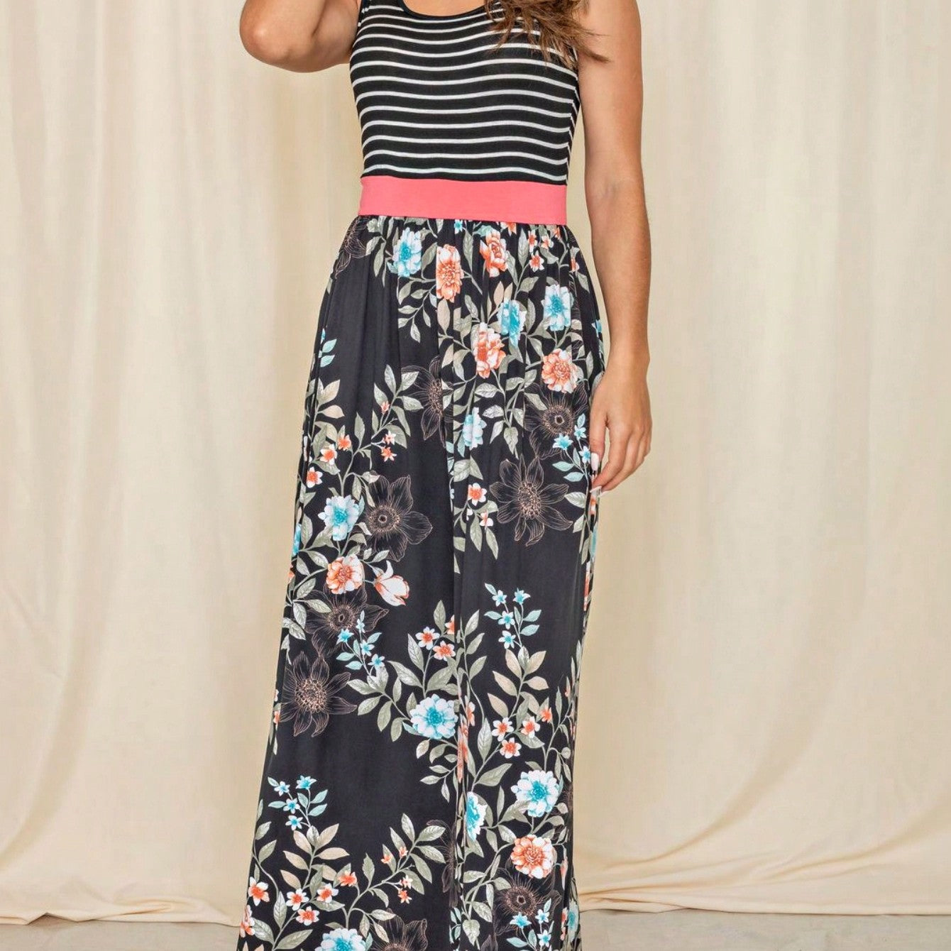 Multi Stripe Orange, Green, And Mint Sleeveless Maxi Dress With Pocket | S-3X
