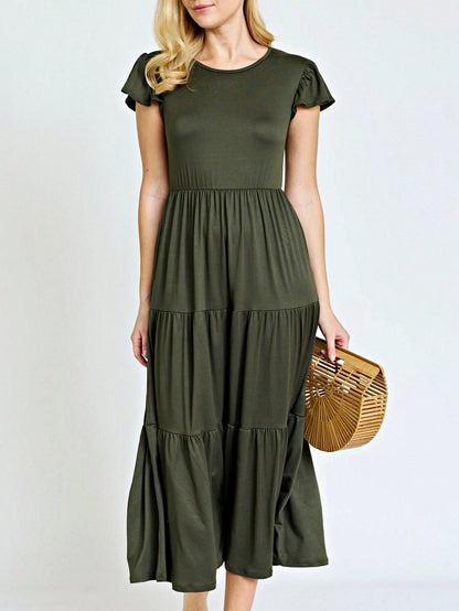 Boho Vacation Retro  Tiered Long Dress Navy Burgundy Black Khaki Ruffle Flutter Sleeve