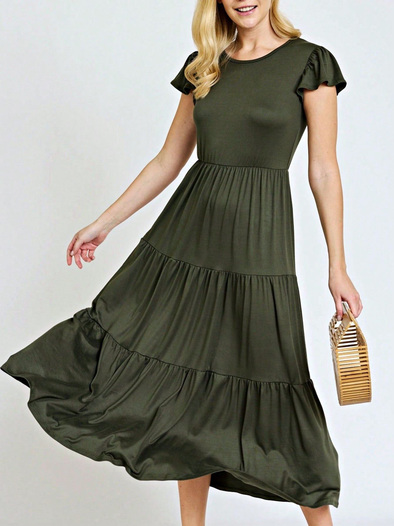 Boho Vacation Retro  Tiered Long Dress Navy Burgundy Black Khaki Ruffle Flutter Sleeve