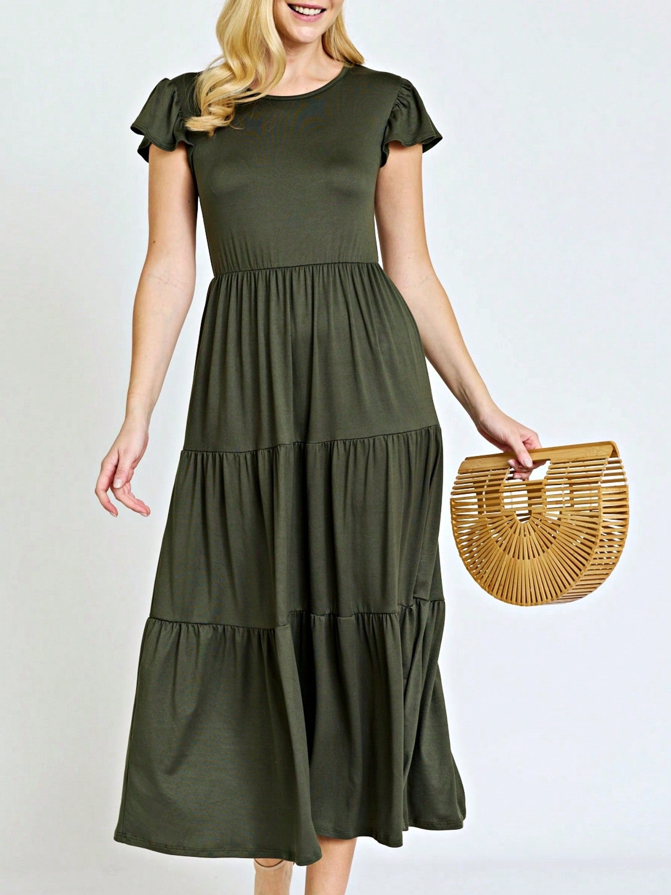 Boho Vacation Retro  Tiered Long Dress Navy Burgundy Black Khaki Ruffle Flutter Sleeve