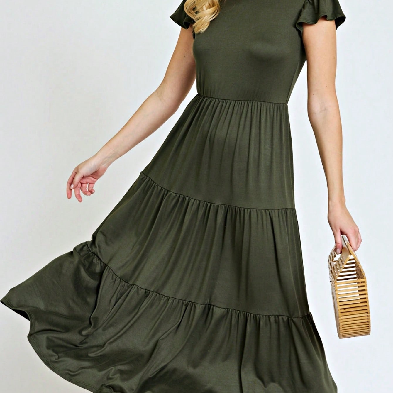 Boho Vacation Retro  Tiered Long Dress Navy Burgundy Black Khaki Ruffle Flutter Sleeve