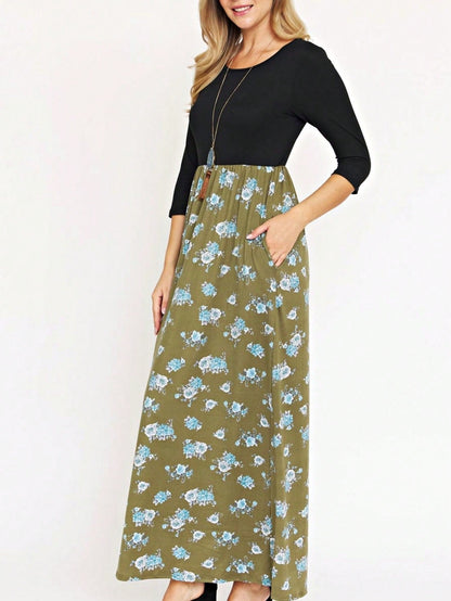 Boho Retro Multi Ditsy Floral Stripe Blue Charcoal Black Coral Short Sleeve Maxi Long Dress With Pocket | S-3X