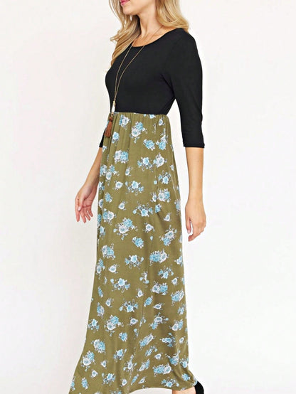 Boho Retro Multi Ditsy Floral Stripe Blue Charcoal Black Coral Short Sleeve Maxi Long Dress With Pocket | S-3X