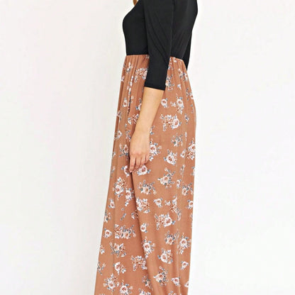 Boho Retro Multi Ditsy Floral Stripe Blue Charcoal Black Coral Short Sleeve Maxi Long Dress With Pocket | S-3X