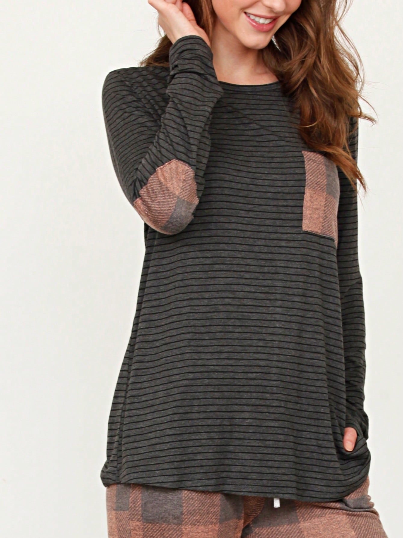 Boho Retro 60's Vintage Tulip Petal Hem Contrast Binding Brushed Soft Stripe Raglan Sleeve Tunic Top