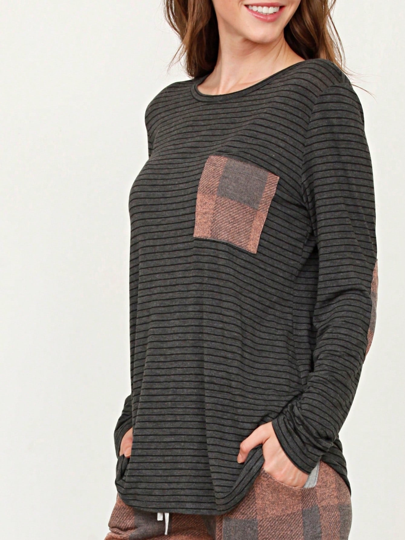 Boho Retro 60's Vintage Tulip Petal Hem Contrast Binding Brushed Soft Stripe Raglan Sleeve Tunic Top