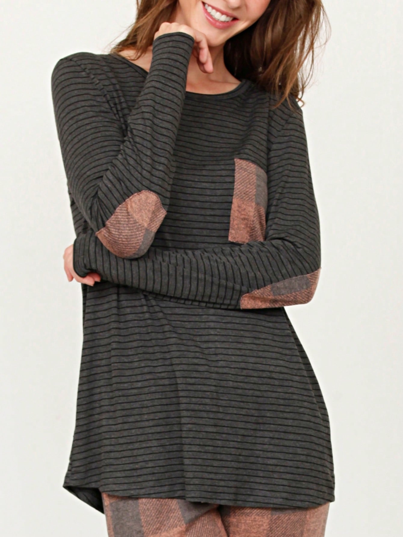 Boho Retro 60's Vintage Tulip Petal Hem Contrast Binding Brushed Soft Stripe Raglan Sleeve Tunic Top