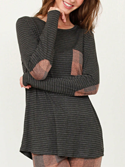 Boho Retro 60's Vintage Tulip Petal Hem Contrast Binding Brushed Soft Stripe Raglan Sleeve Tunic Top