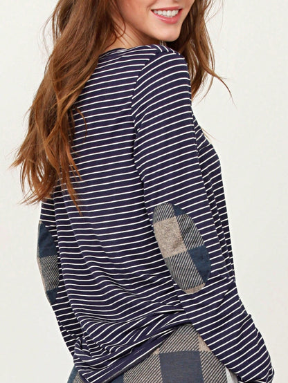 Boho Retro 60's Vintage Tulip Petal Hem Contrast Binding Brushed Soft Stripe Raglan Sleeve Tunic Top