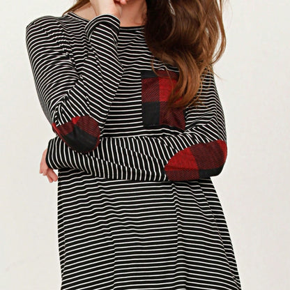 Boho Retro 60's Vintage Tulip Petal Hem Contrast Binding Brushed Soft Stripe Raglan Sleeve Tunic Top