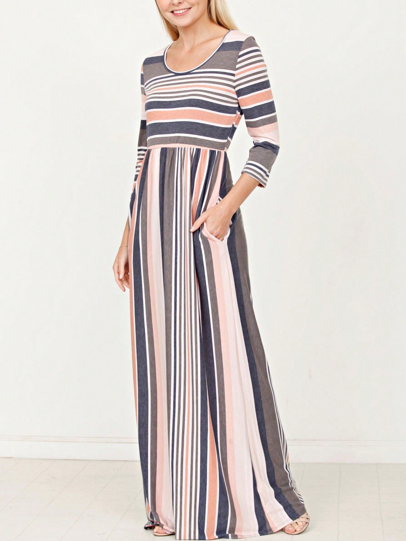 Elegant Stripe Maxi Dress With Side Pockets Versatile Summer Dress For Women