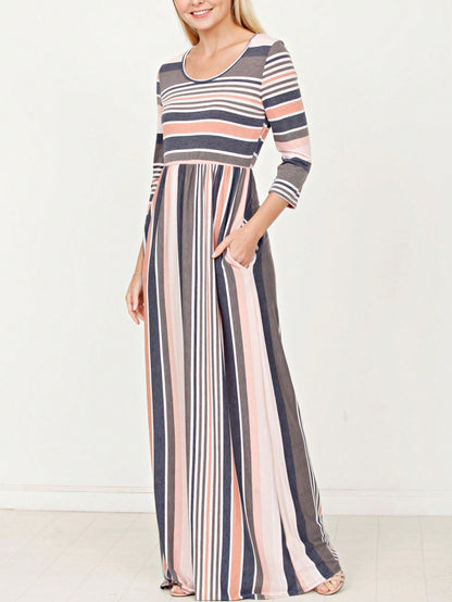 Elegant Stripe Maxi Dress With Side Pockets Versatile Summer Dress For Women