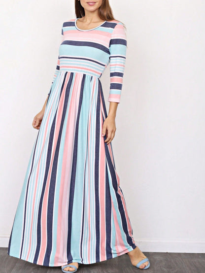 Elegant Stripe Maxi Dress With Side Pockets Versatile Summer Dress For Women