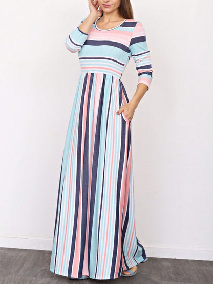 Elegant Stripe Maxi Dress With Side Pockets Versatile Summer Dress For Women