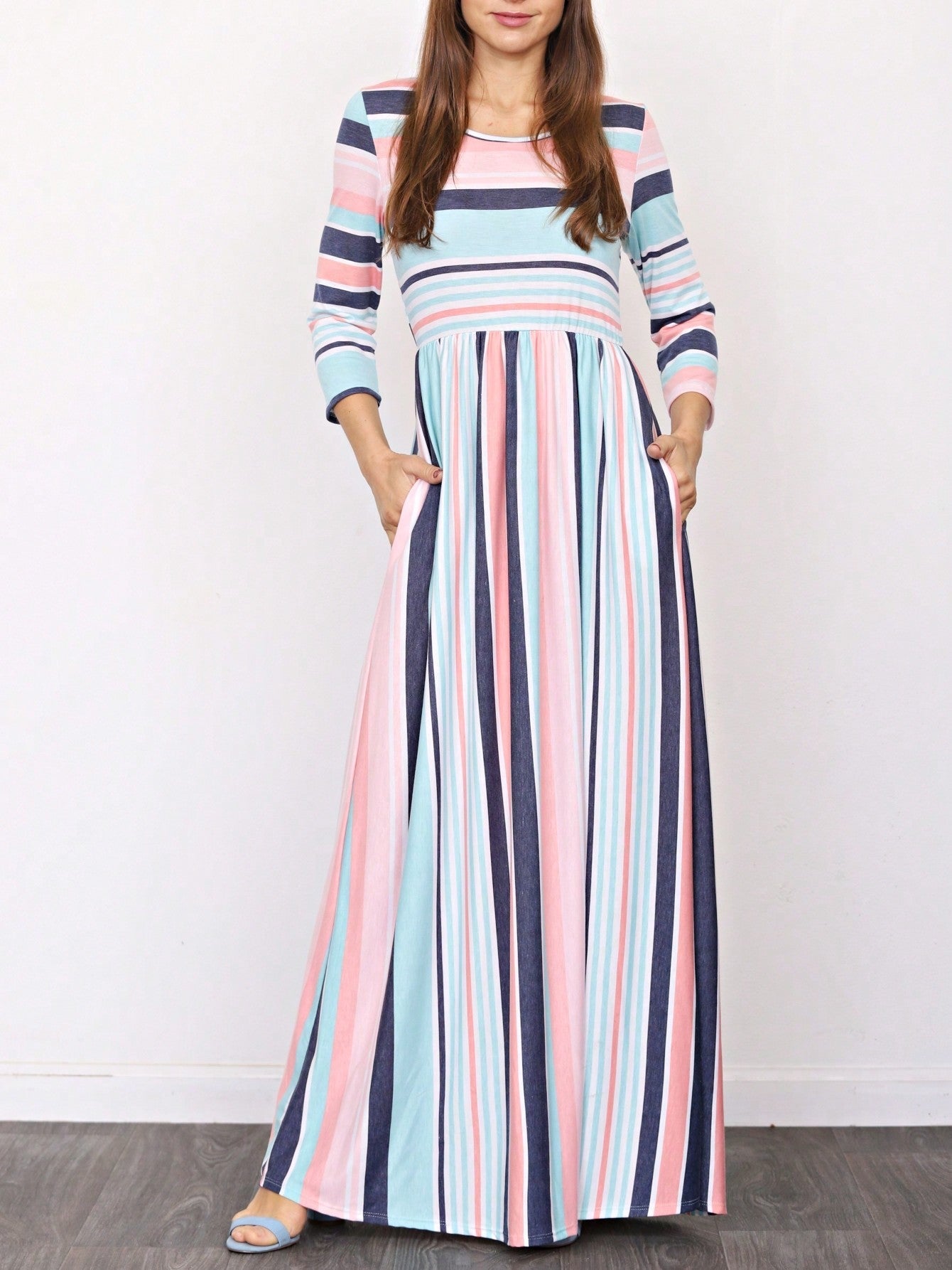 Elegant Stripe Maxi Dress With Side Pockets Versatile Summer Dress For Women