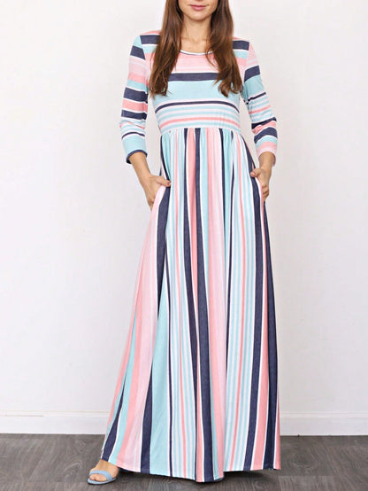 Elegant Stripe Maxi Dress With Side Pockets Versatile Summer Dress For Women
