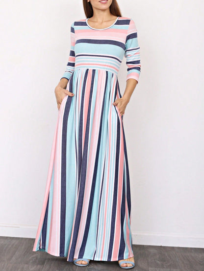 Elegant Stripe Maxi Dress With Side Pockets Versatile Summer Dress For Women