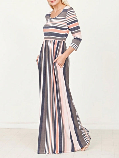 Elegant Stripe Maxi Dress With Side Pockets Versatile Summer Dress For Women