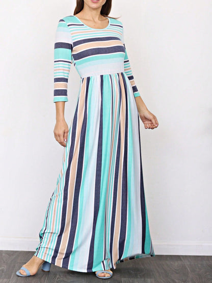 Elegant Stripe Maxi Dress With Side Pockets Versatile Summer Dress For Women