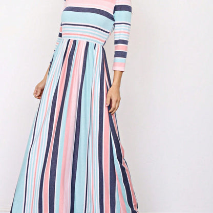 Elegant Stripe Maxi Dress With Side Pockets Versatile Summer Dress For Women