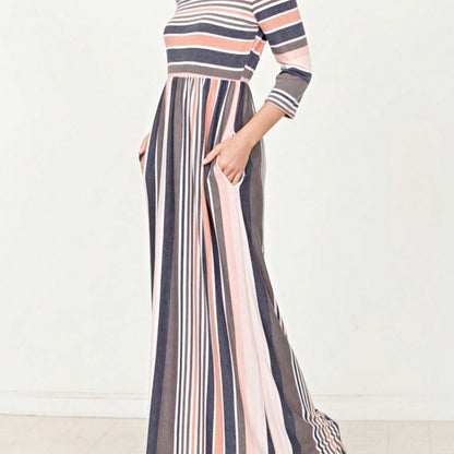Elegant Stripe Maxi Dress With Side Pockets Versatile Summer Dress For Women