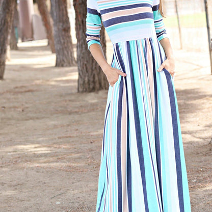 Elegant Stripe Maxi Dress With Side Pockets Versatile Summer Dress For Women
