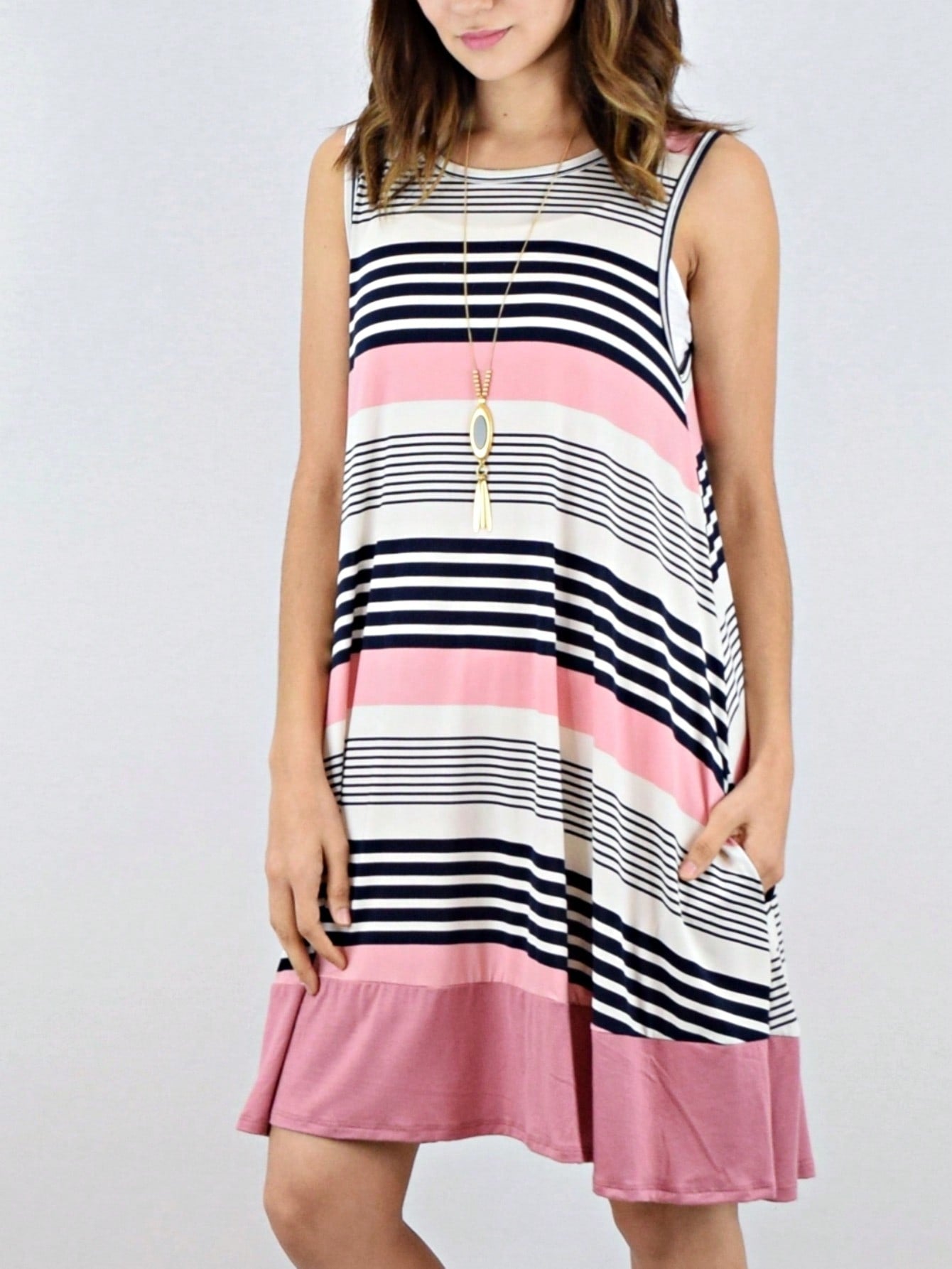 Summer Black Sage Pink Stripe Polka Dot Sleeveless Color Block  Patchwork Print Knee Length Swing Dress Small To 3XL Plus