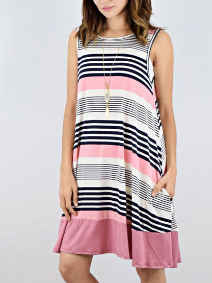 Summer Black Sage Pink Stripe Polka Dot Sleeveless Color Block  Patchwork Print Knee Length Swing Dress Small To 3XL Plus