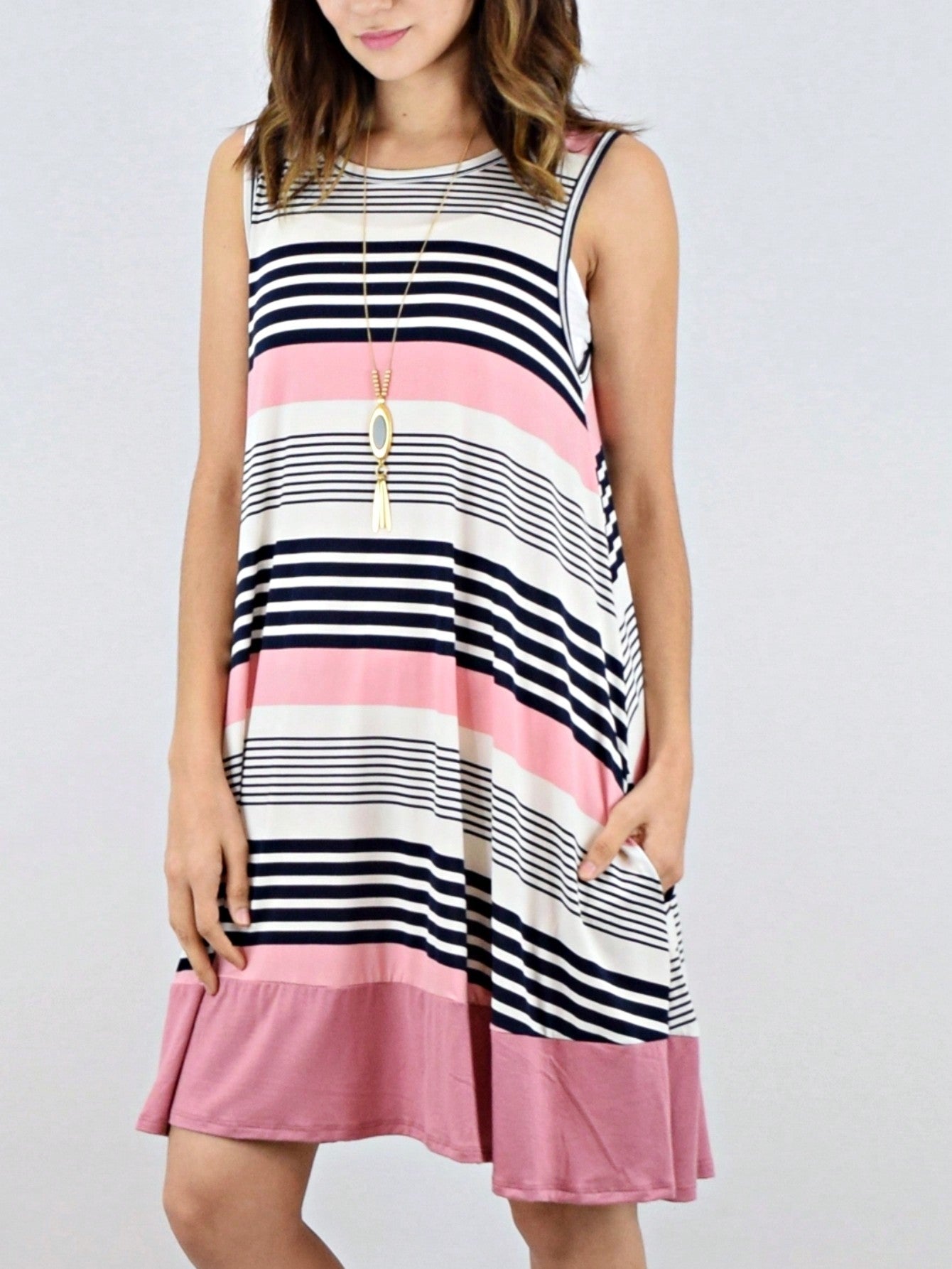 Summer Black Sage Pink Stripe Polka Dot Sleeveless Color Block  Patchwork Print Knee Length Swing Dress Small To 3XL Plus