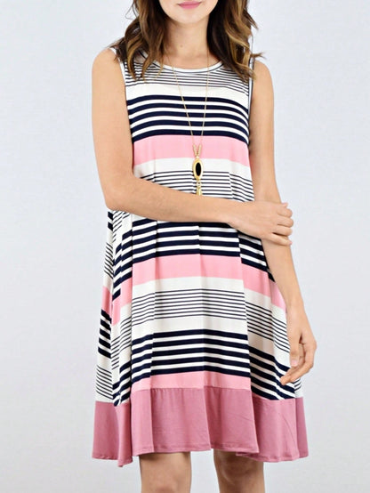 Summer Black Sage Pink Stripe Polka Dot Sleeveless Color Block  Patchwork Print Knee Length Swing Dress Small To 3XL Plus