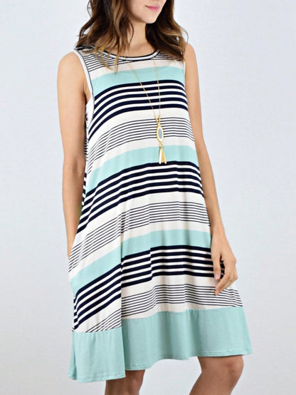 Summer Black Sage Pink Stripe Polka Dot Sleeveless Color Block  Patchwork Print Knee Length Swing Dress Small To 3XL Plus
