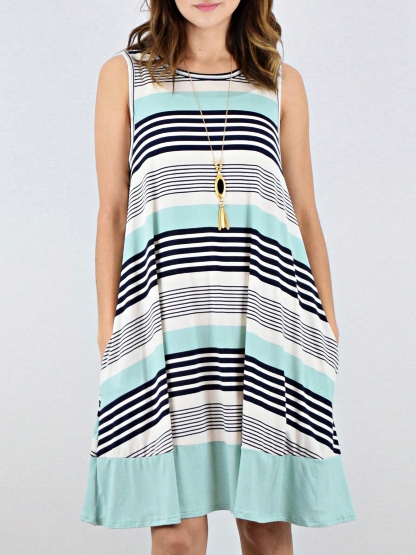 Summer Black Sage Pink Stripe Polka Dot Sleeveless Color Block  Patchwork Print Knee Length Swing Dress Small To 3XL Plus